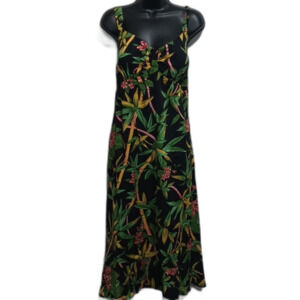 R&K Black Tropical Floral Midi Dress with Green & Yellow Leaf Print
